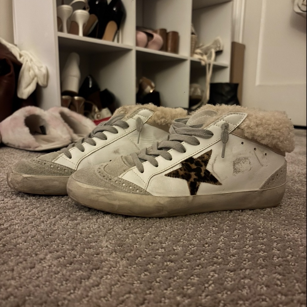 Golden goose high tops with leopard print star and Sherpa lining